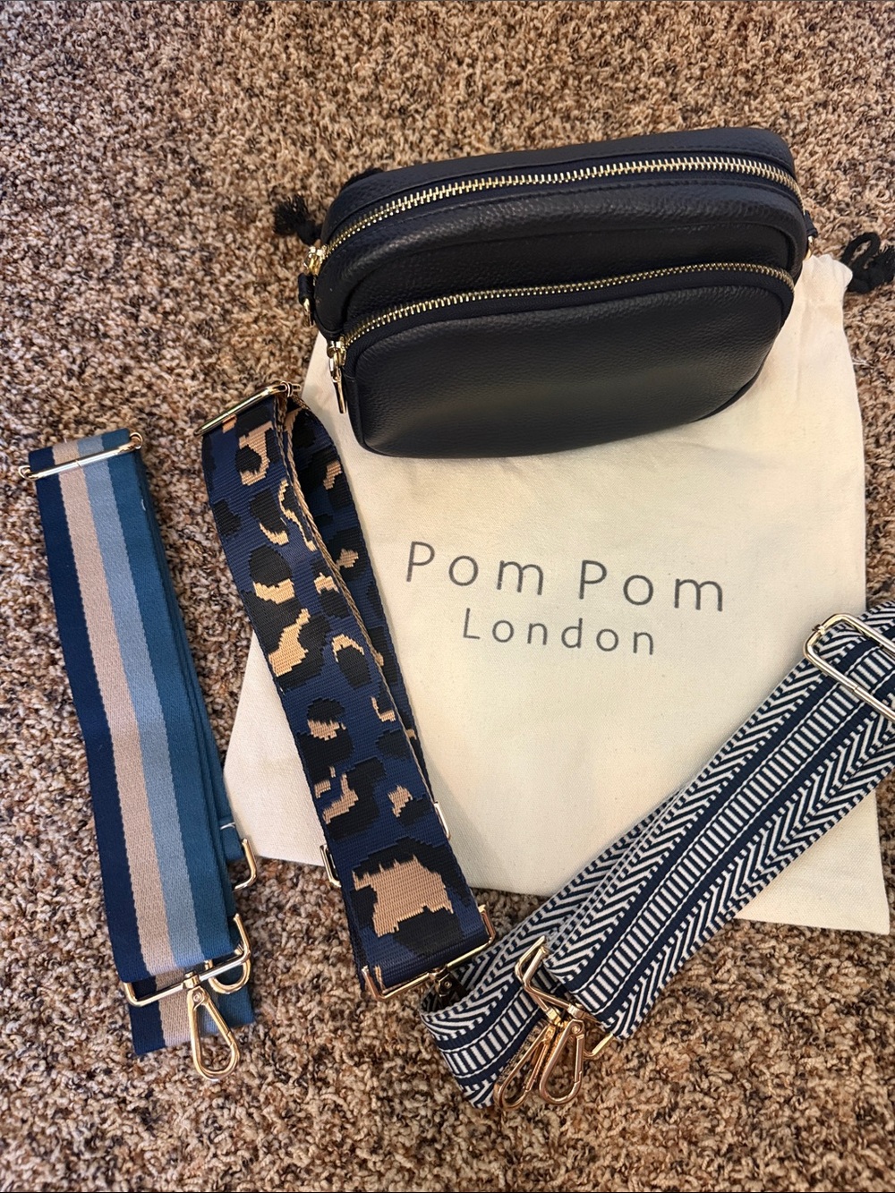 Pom Pom London Navy Blue Leather Crossbody Bag with Gold Zippers .
